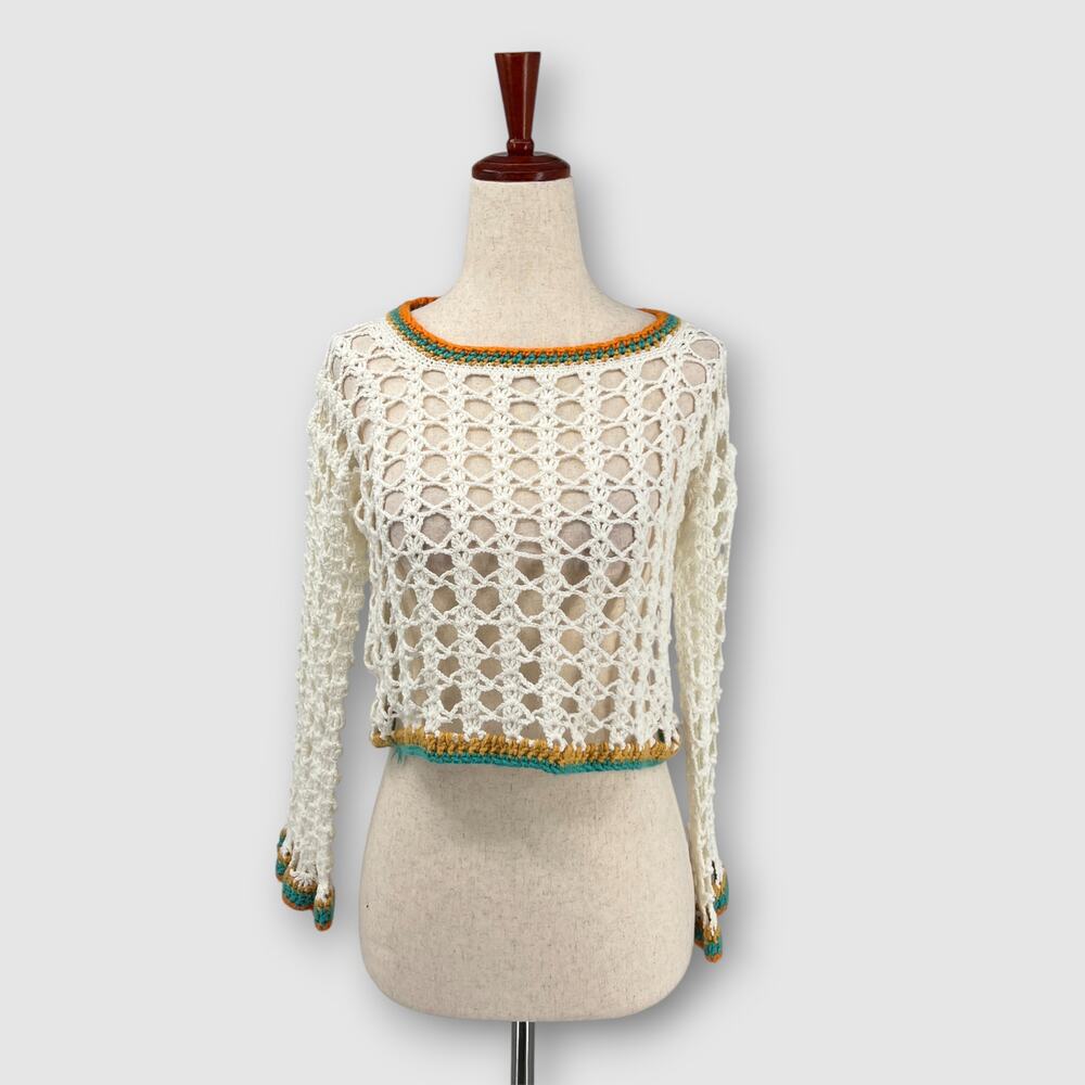 Vintage Hand Crochet Open Weave Cropped Sweater Ivory Size Small - Picture 5 of 5